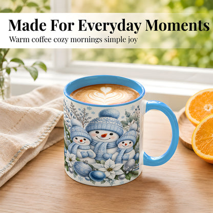 #pl[11oz|Blue] Snowman Family Coffee Mug, Watercolor Winter Snowman Mug, Ceramic Cup