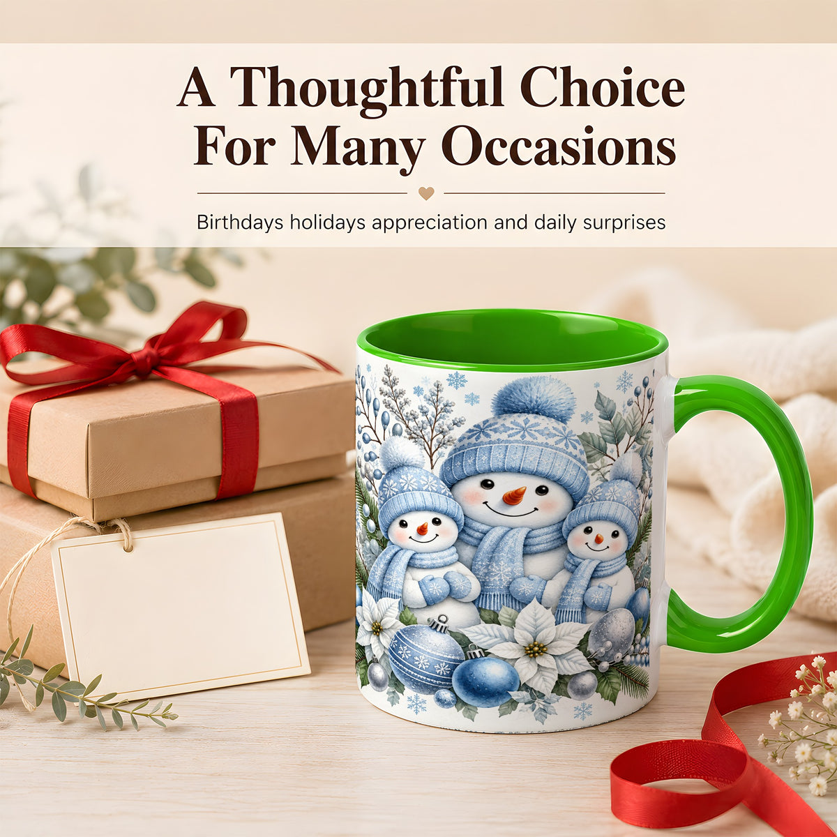 #pl[11oz|Green] Snowman Family Coffee Mug, Watercolor Winter Snowman Mug, Ceramic Cup