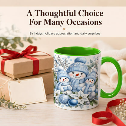 #pl[11oz|Green] Snowman Family Coffee Mug, Watercolor Winter Snowman Mug, Ceramic Cup