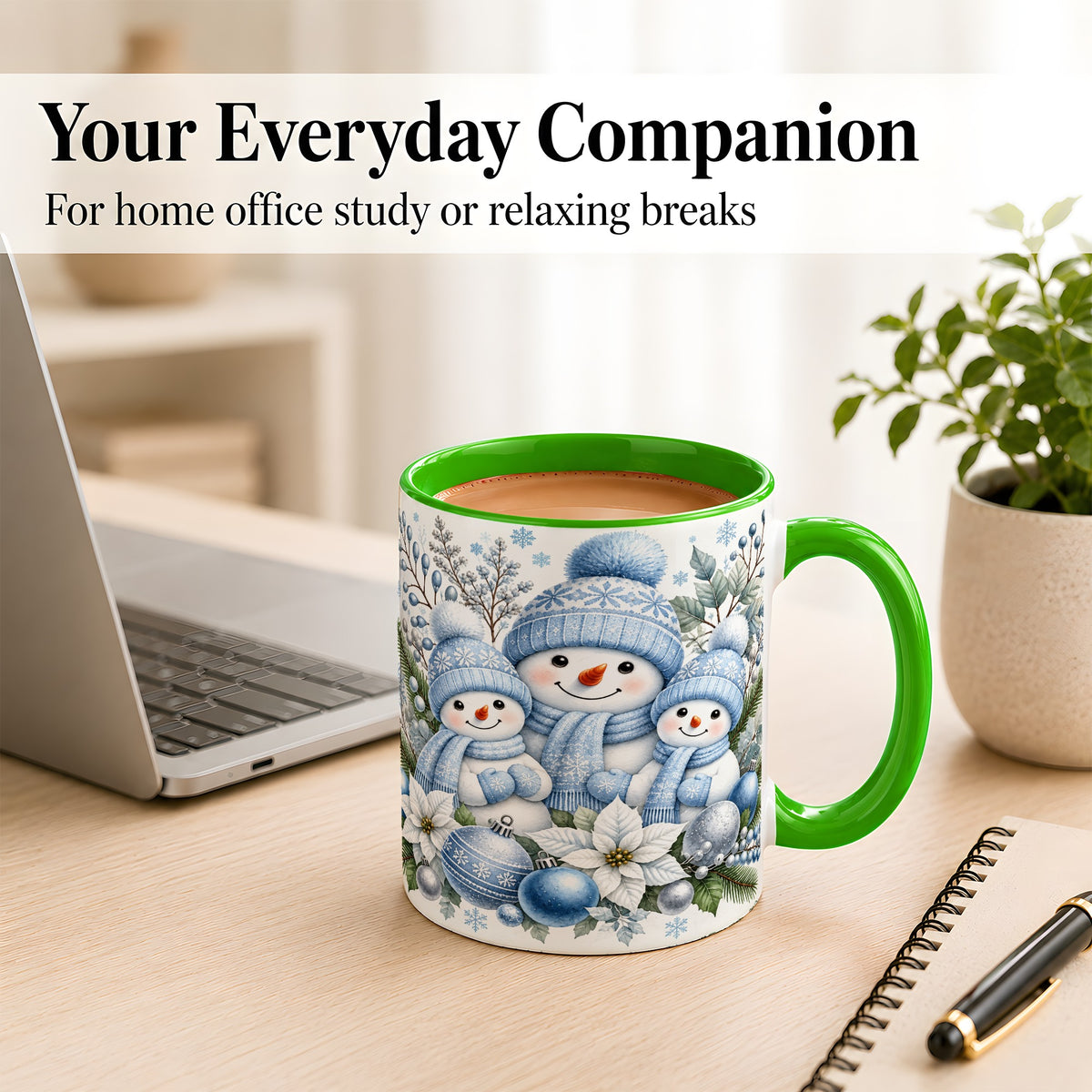 #pl[11oz|Green] Snowman Family Coffee Mug, Watercolor Winter Snowman Mug, Ceramic Cup