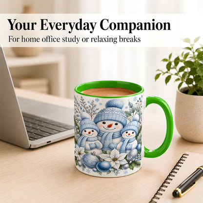 #pl[11oz|Green] Snowman Family Coffee Mug, Watercolor Winter Snowman Mug, Ceramic Cup