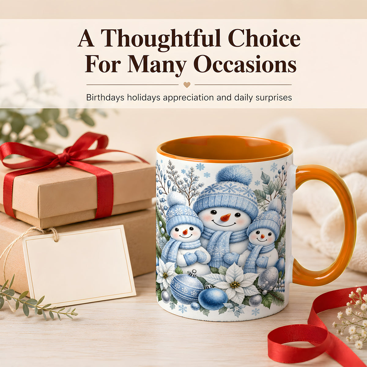 #pl[11oz|Orange] Snowman Family Coffee Mug, Watercolor Winter Snowman Mug, Ceramic Cup