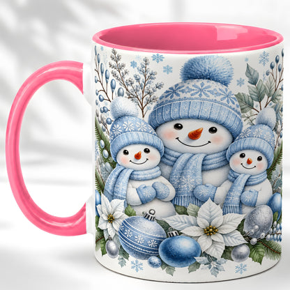 #pl[11oz|Pink] Snowman Family Coffee Mug, Watercolor Winter Snowman Mug, Ceramic Cup