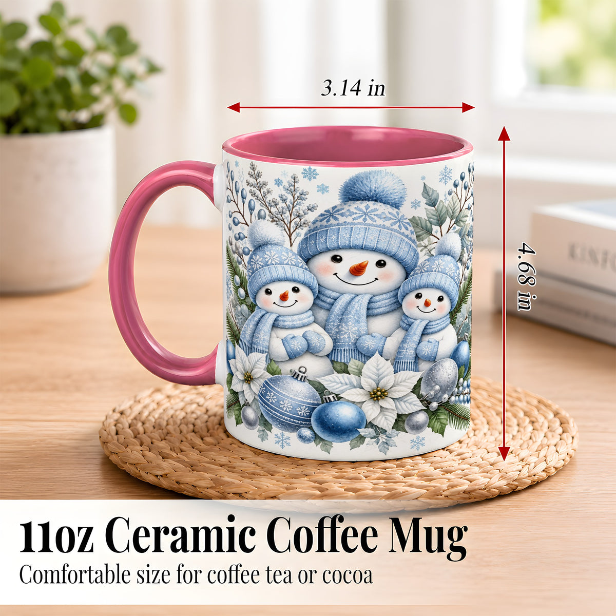 #pl[11oz|Pink] Snowman Family Coffee Mug, Watercolor Winter Snowman Mug, Ceramic Cup