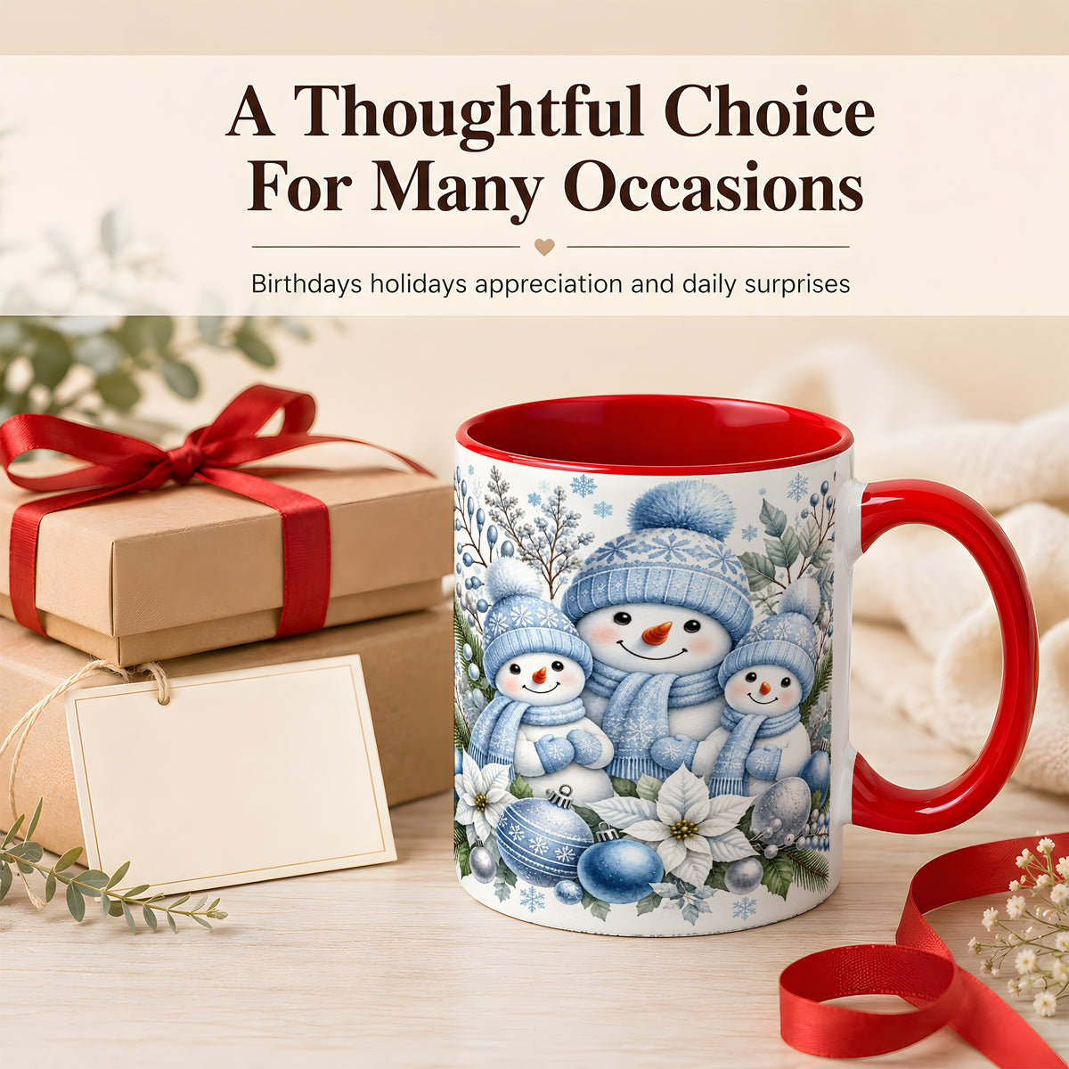 #pl[11oz|Red] Snowman Family Coffee Mug, Watercolor Winter Snowman Mug, Ceramic Cup