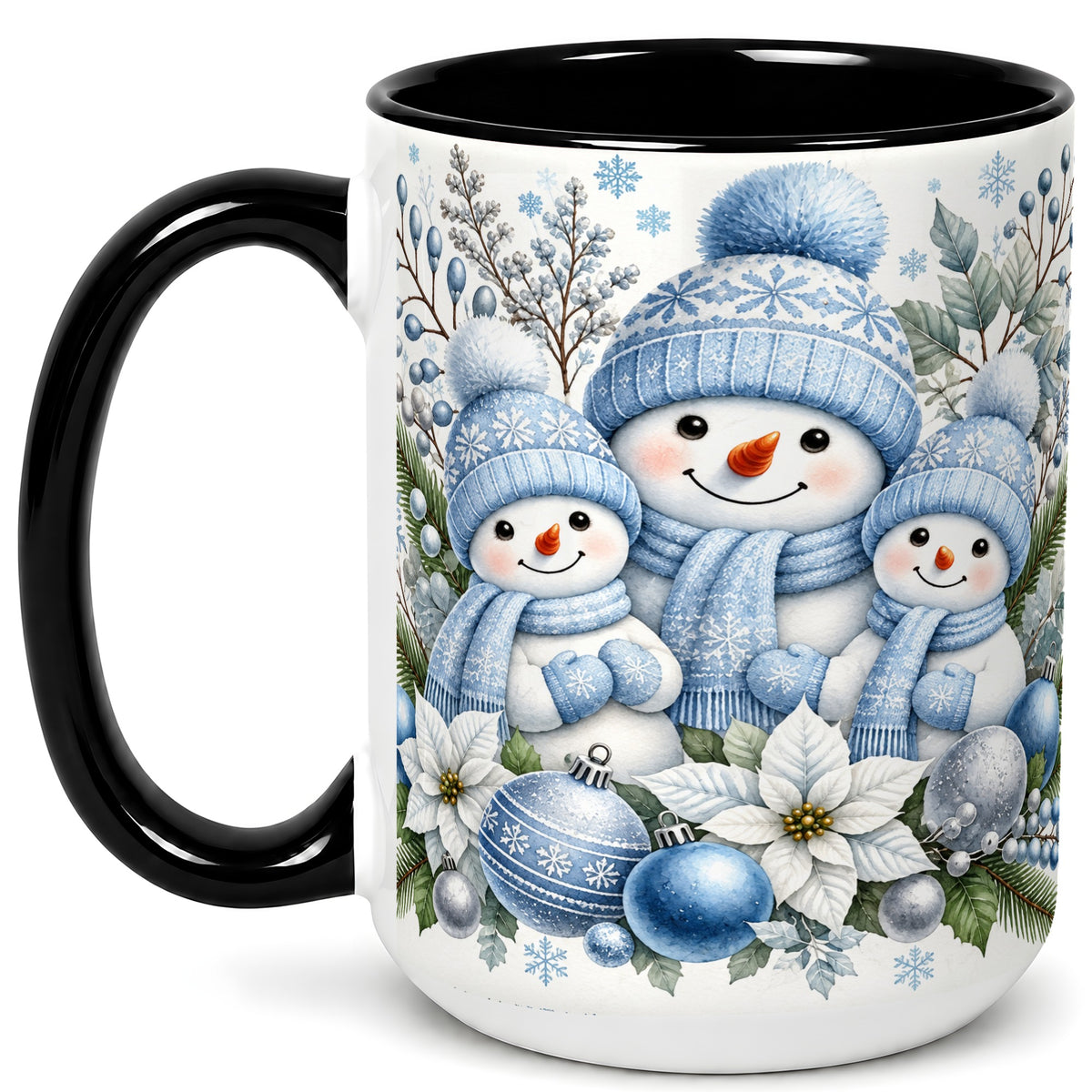 #pl[15oz|Black] Snowman Family Coffee Mug, Watercolor Winter Snowman Mug, Ceramic Cup