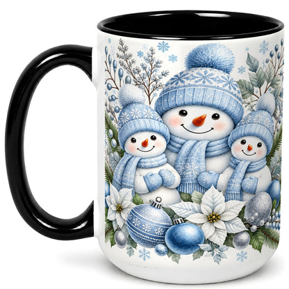 #pl[15oz|Black] Snowman Family Coffee Mug, Watercolor Winter Snowman Mug, Ceramic Cup