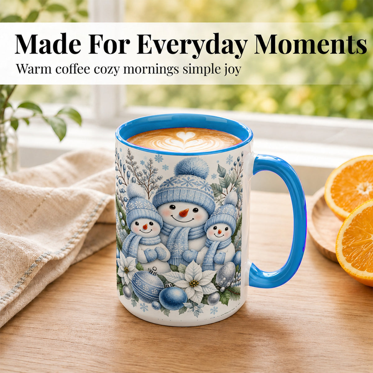 #pl[15oz|Blue] Snowman Family Coffee Mug, Watercolor Winter Snowman Mug, Ceramic Cup