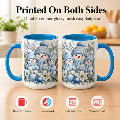 #pl[15oz|Blue] Snowman Family Coffee Mug, Watercolor Winter Snowman Mug, Ceramic Cup