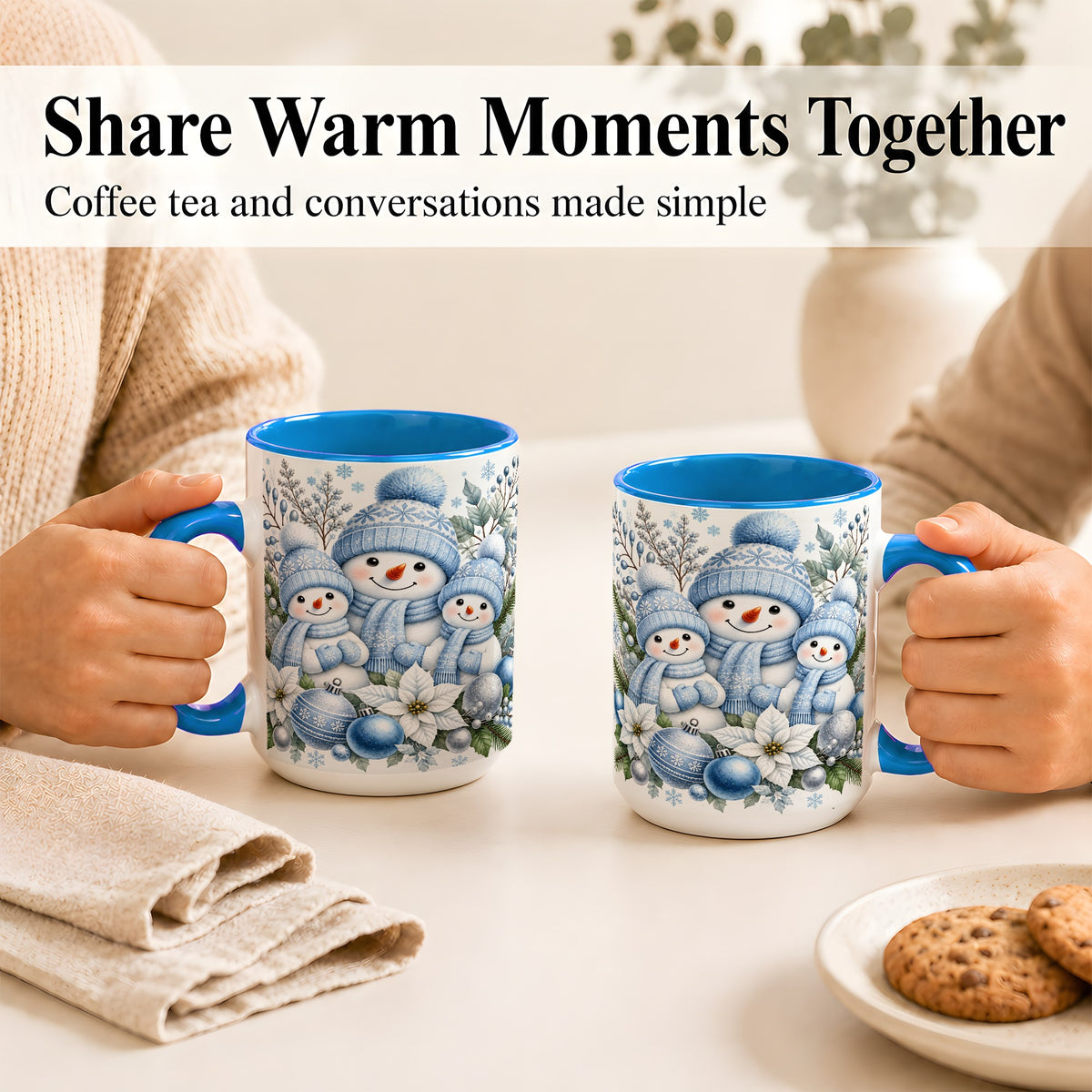 #pl[15oz|Blue] Snowman Family Coffee Mug, Watercolor Winter Snowman Mug, Ceramic Cup