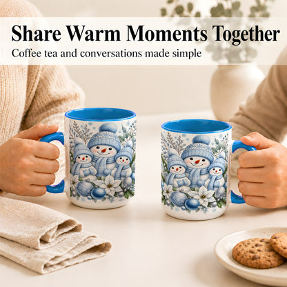 #pl[15oz|Blue] Snowman Family Coffee Mug, Watercolor Winter Snowman Mug, Ceramic Cup