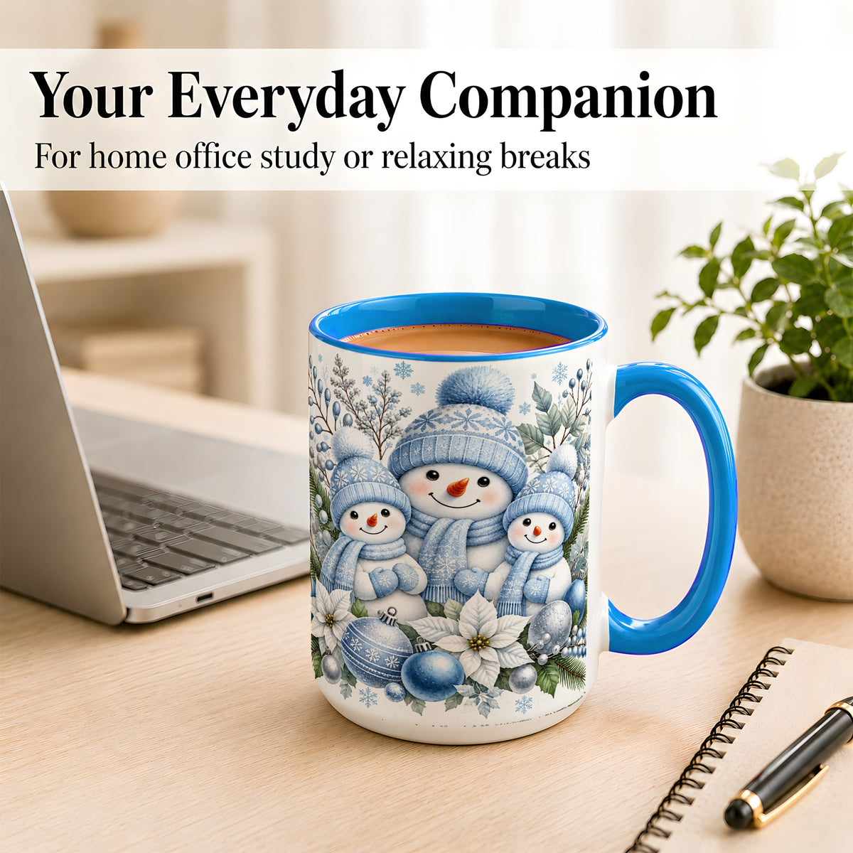 #pl[15oz|Blue] Snowman Family Coffee Mug, Watercolor Winter Snowman Mug, Ceramic Cup