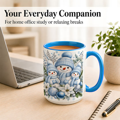 #pl[15oz|Blue] Snowman Family Coffee Mug, Watercolor Winter Snowman Mug, Ceramic Cup
