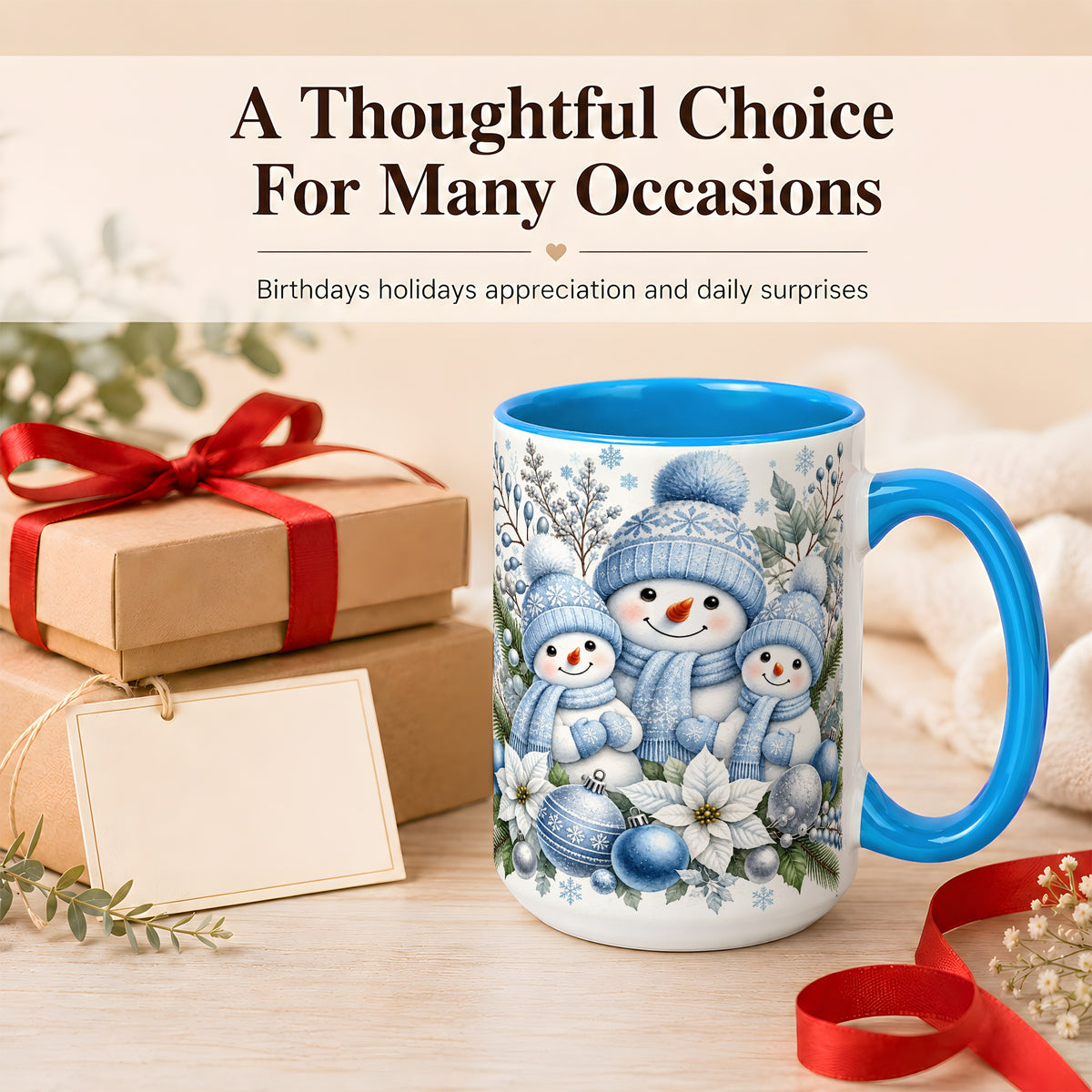 #pl[15oz|Blue] Snowman Family Coffee Mug, Watercolor Winter Snowman Mug, Ceramic Cup