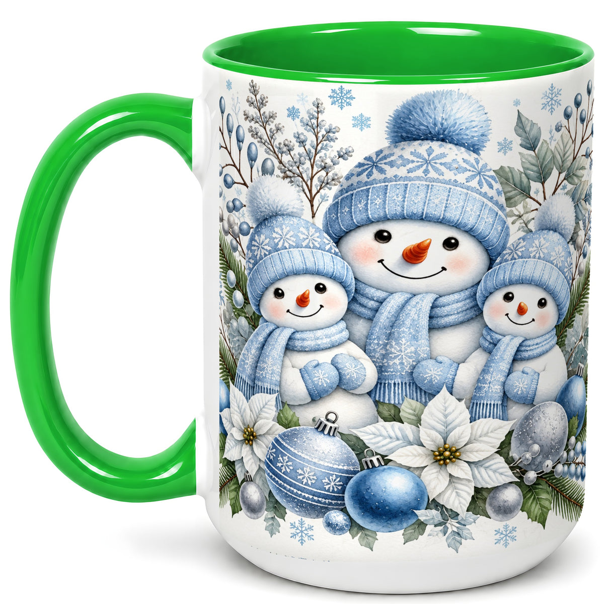 #pl[15oz|Green] Snowman Family Coffee Mug, Watercolor Winter Snowman Mug, Ceramic Cup