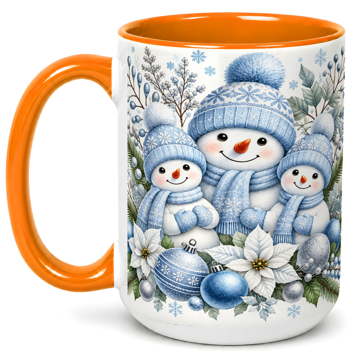 #pl[15oz|Orange] Snowman Family Coffee Mug, Watercolor Winter Snowman Mug, Ceramic Cup
