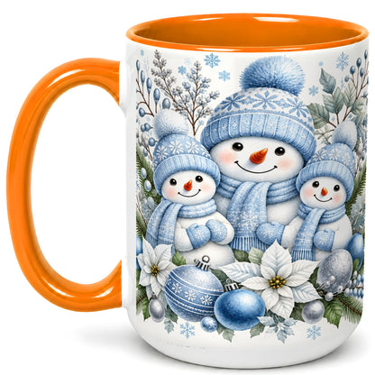#pl[15oz|Orange] Snowman Family Coffee Mug, Watercolor Winter Snowman Mug, Ceramic Cup