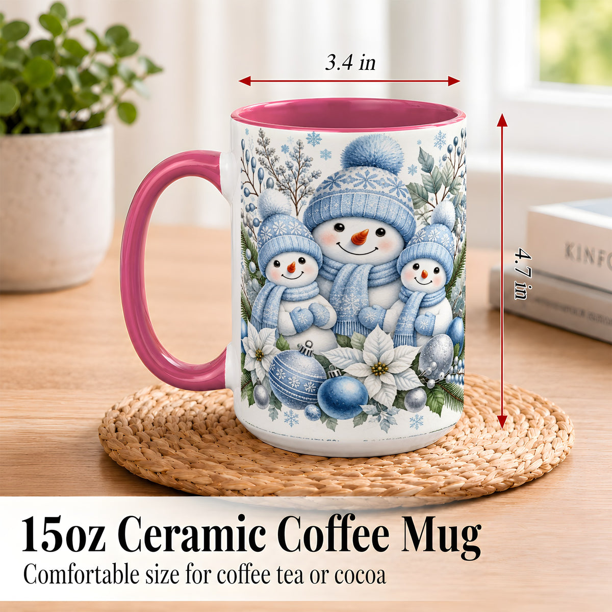 #pl[15oz|Pink] Snowman Family Coffee Mug, Watercolor Winter Snowman Mug, Ceramic Cup