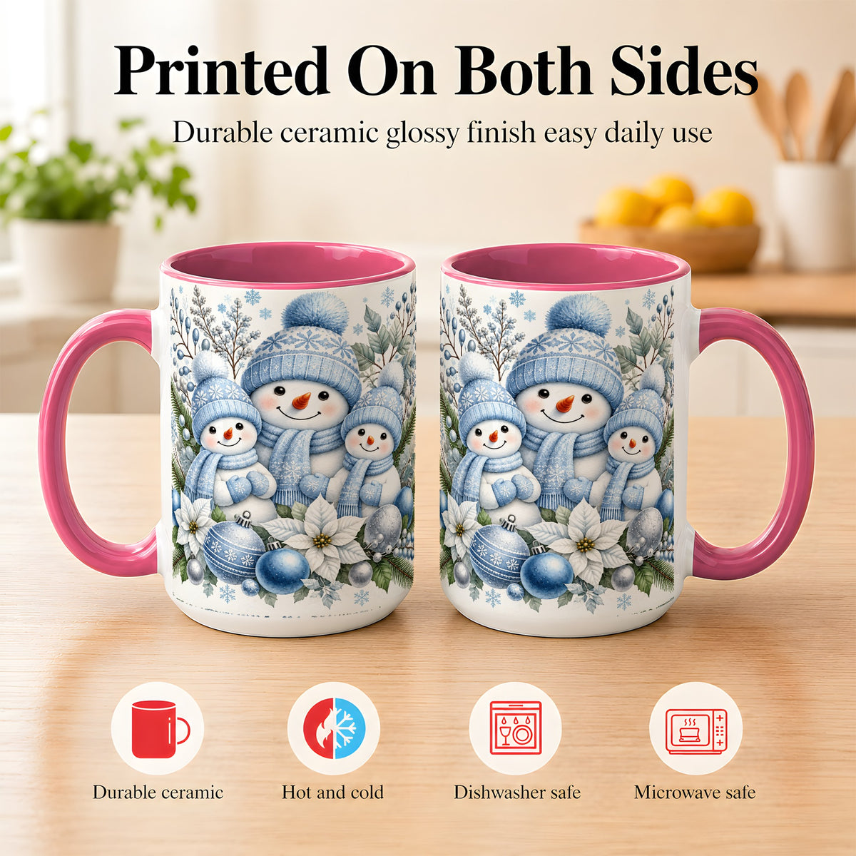 #pl[15oz|Pink] Snowman Family Coffee Mug, Watercolor Winter Snowman Mug, Ceramic Cup