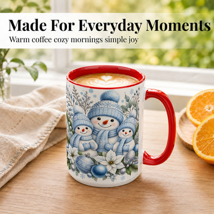 #pl[15oz|Red] Snowman Family Coffee Mug, Watercolor Winter Snowman Mug, Ceramic Cup