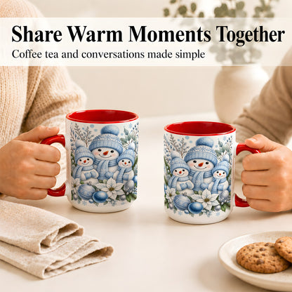#pl[15oz|Red] Snowman Family Coffee Mug, Watercolor Winter Snowman Mug, Ceramic Cup