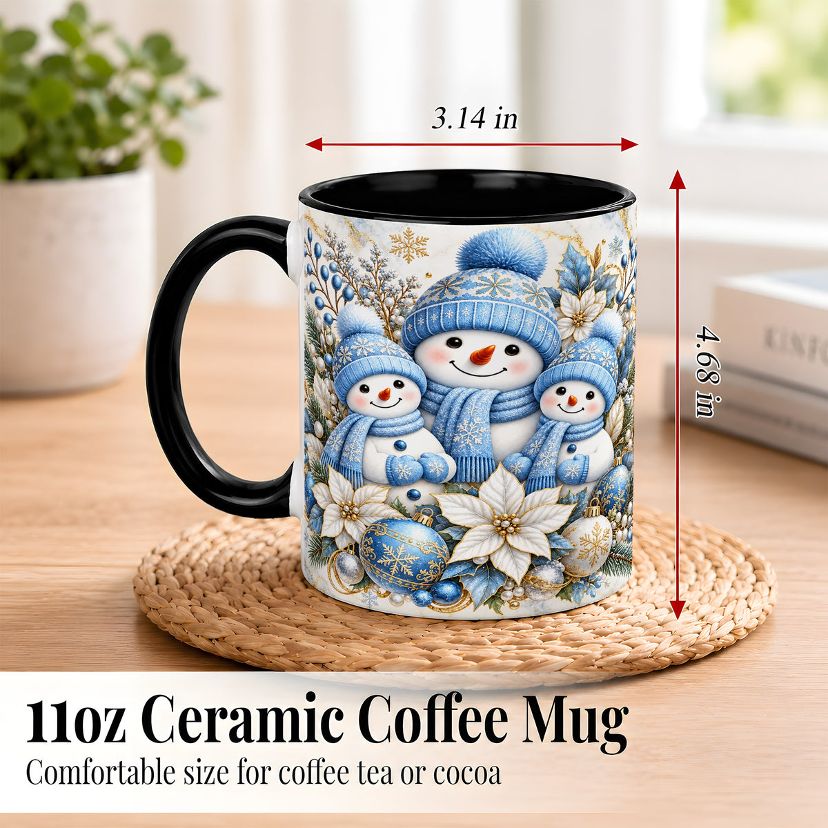 #pl[11oz|Black] Snowman Family Coffee Mug, Blue Gold Winter Snowman Mug, Ceramic Cup
