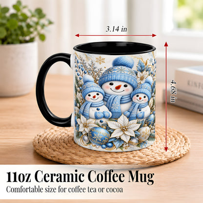#pl[11oz|Black] Snowman Family Coffee Mug, Blue Gold Winter Snowman Mug, Ceramic Cup