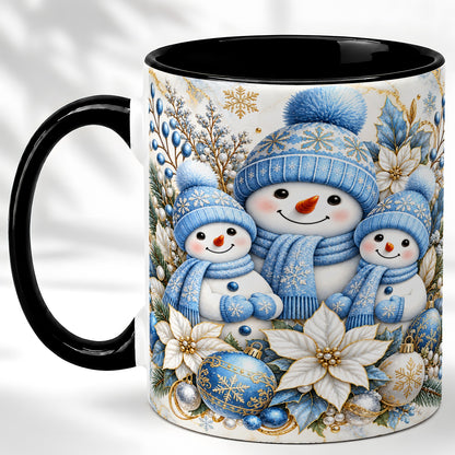 #pl[11oz|Black] Snowman Family Coffee Mug, Blue Gold Winter Snowman Mug, Ceramic Cup