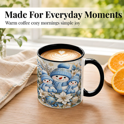 #pl[11oz|Black] Snowman Family Coffee Mug, Blue Gold Winter Snowman Mug, Ceramic Cup