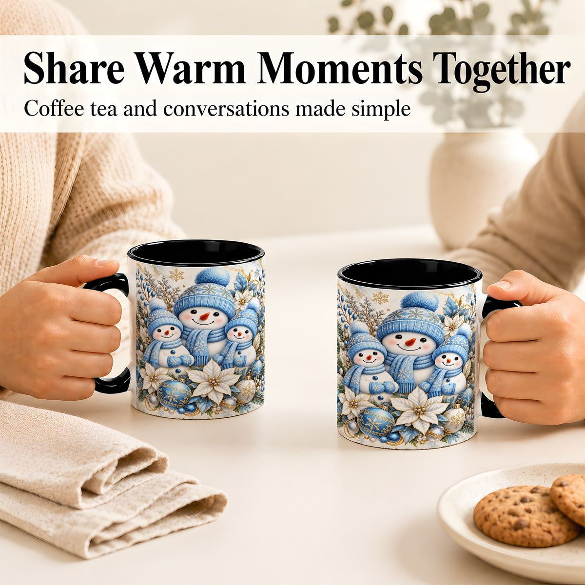 #pl[11oz|Black] Snowman Family Coffee Mug, Blue Gold Winter Snowman Mug, Ceramic Cup