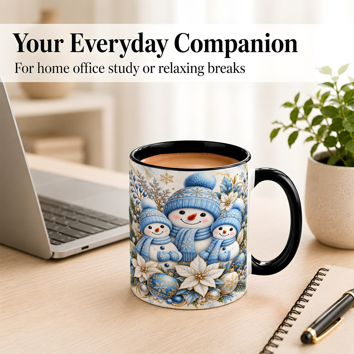 #pl[11oz|Black] Snowman Family Coffee Mug, Blue Gold Winter Snowman Mug, Ceramic Cup