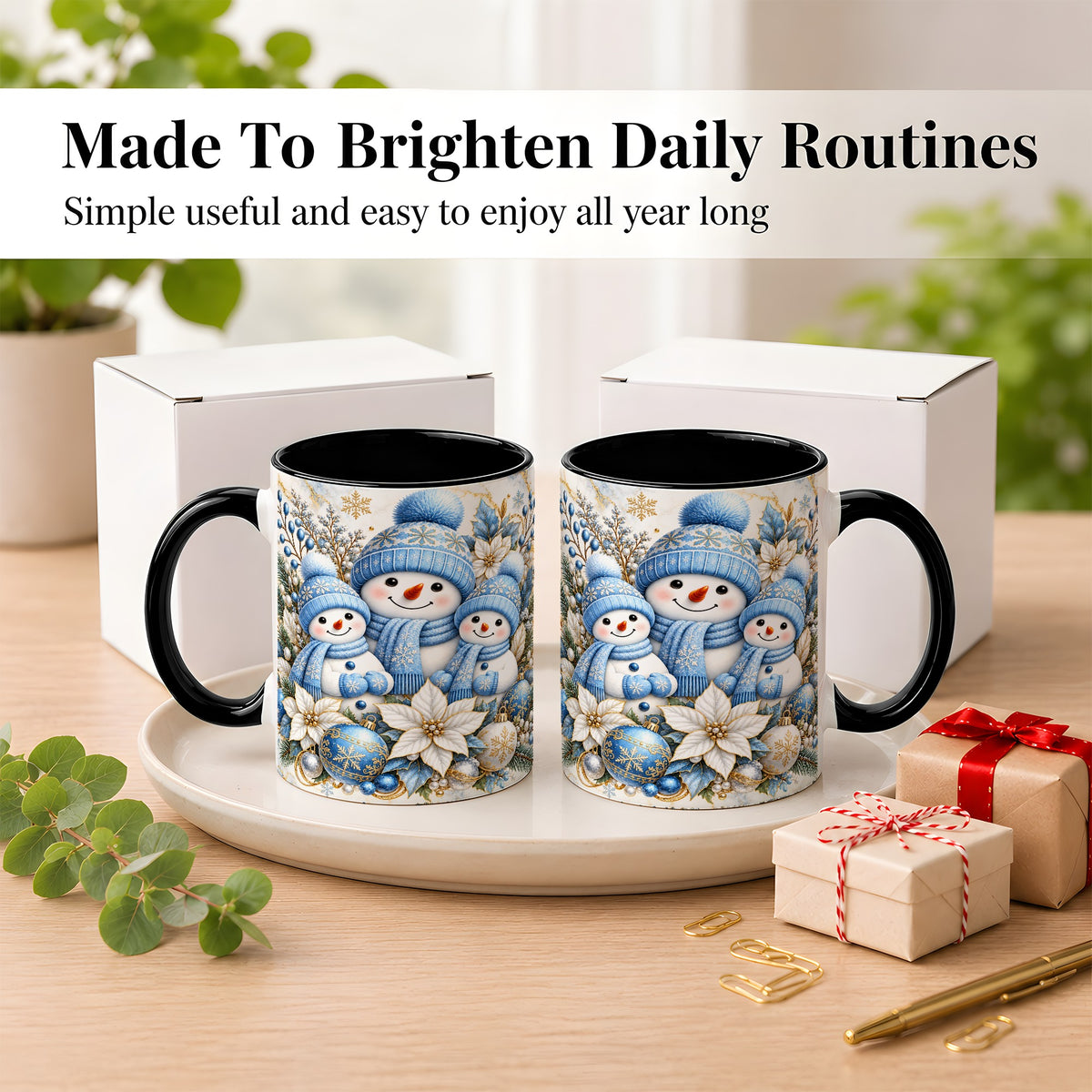 #pl[11oz|Black] Snowman Family Coffee Mug, Blue Gold Winter Snowman Mug, Ceramic Cup