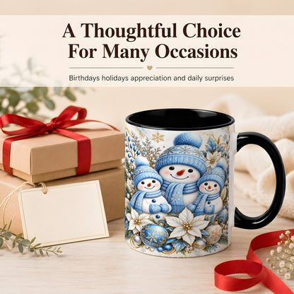 #pl[11oz|Black] Snowman Family Coffee Mug, Blue Gold Winter Snowman Mug, Ceramic Cup
