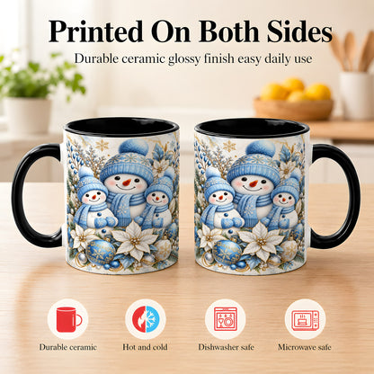#pl[11oz|Black] Snowman Family Coffee Mug, Blue Gold Winter Snowman Mug, Ceramic Cup