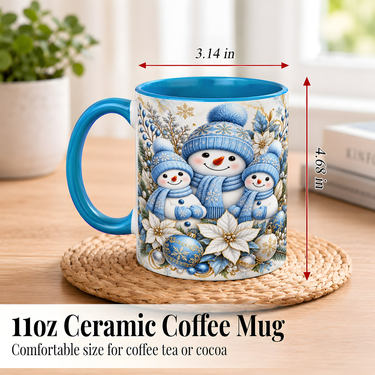 #pl[11oz|Blue] Snowman Family Coffee Mug, Blue Gold Winter Snowman Mug, Ceramic Cup