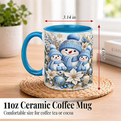 #pl[11oz|Blue] Snowman Family Coffee Mug, Blue Gold Winter Snowman Mug, Ceramic Cup