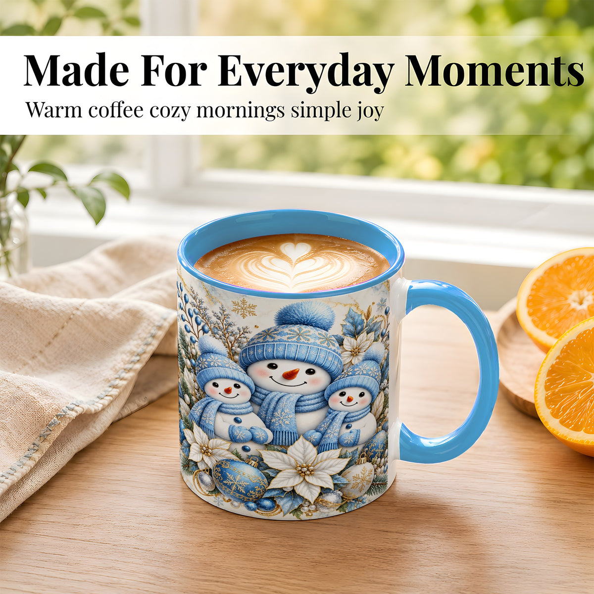 #pl[11oz|Blue] Snowman Family Coffee Mug, Blue Gold Winter Snowman Mug, Ceramic Cup
