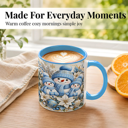 #pl[11oz|Blue] Snowman Family Coffee Mug, Blue Gold Winter Snowman Mug, Ceramic Cup