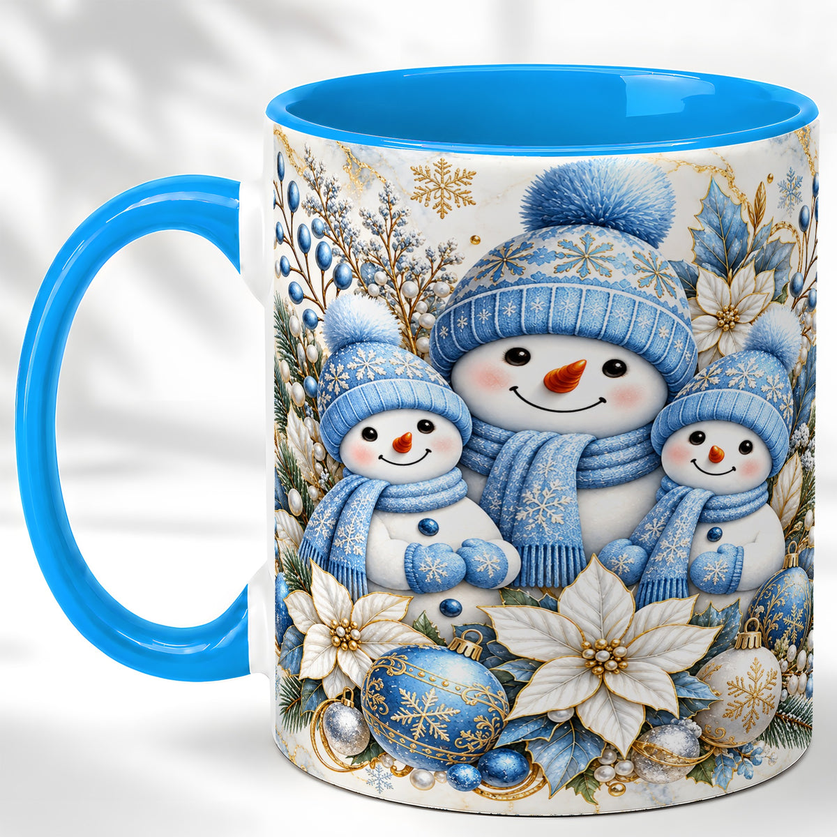 #pl[11oz|Blue] Snowman Family Coffee Mug, Blue Gold Winter Snowman Mug, Ceramic Cup