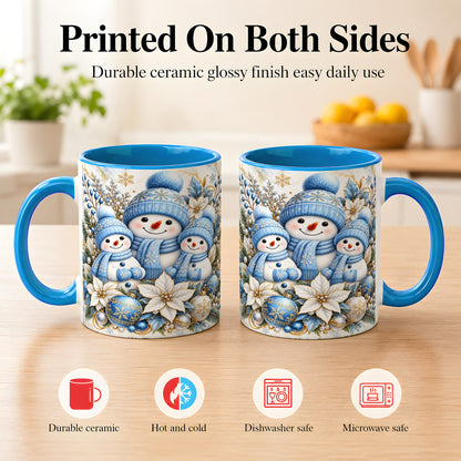 #pl[11oz|Blue] Snowman Family Coffee Mug, Blue Gold Winter Snowman Mug, Ceramic Cup