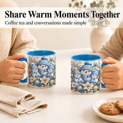 #pl[11oz|Blue] Snowman Family Coffee Mug, Blue Gold Winter Snowman Mug, Ceramic Cup