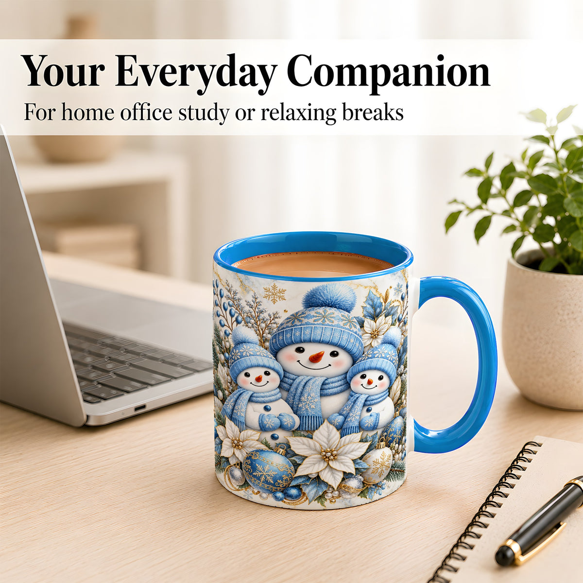 #pl[11oz|Blue] Snowman Family Coffee Mug, Blue Gold Winter Snowman Mug, Ceramic Cup