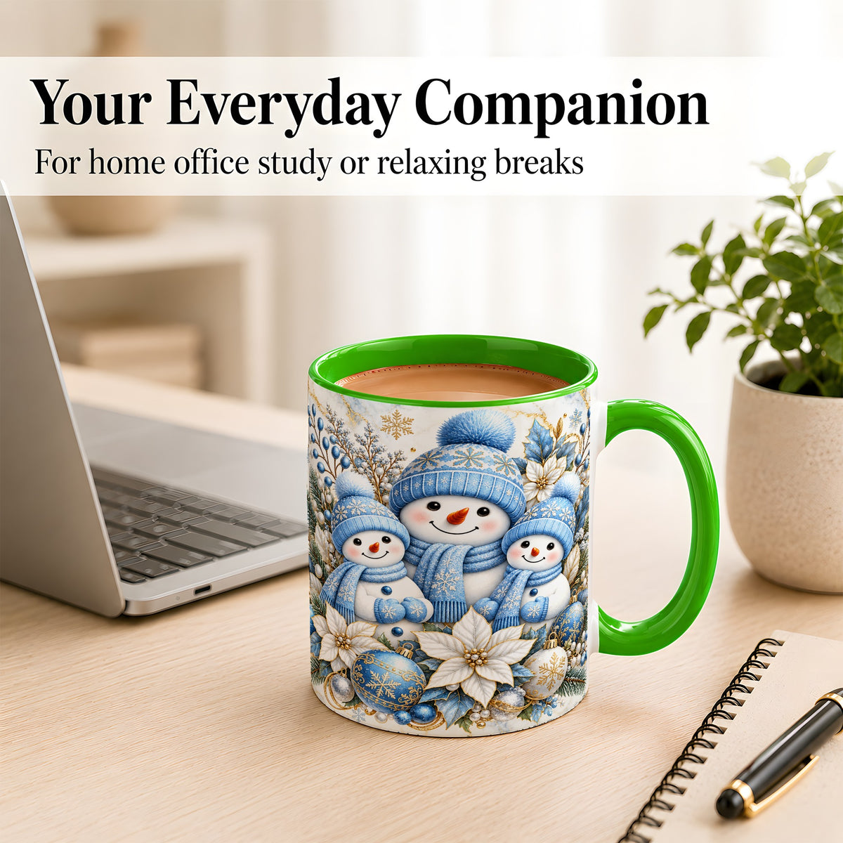 #pl[11oz|Green] Snowman Family Coffee Mug, Blue Gold Winter Snowman Mug, Ceramic Cup