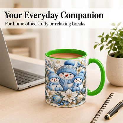 #pl[11oz|Green] Snowman Family Coffee Mug, Blue Gold Winter Snowman Mug, Ceramic Cup