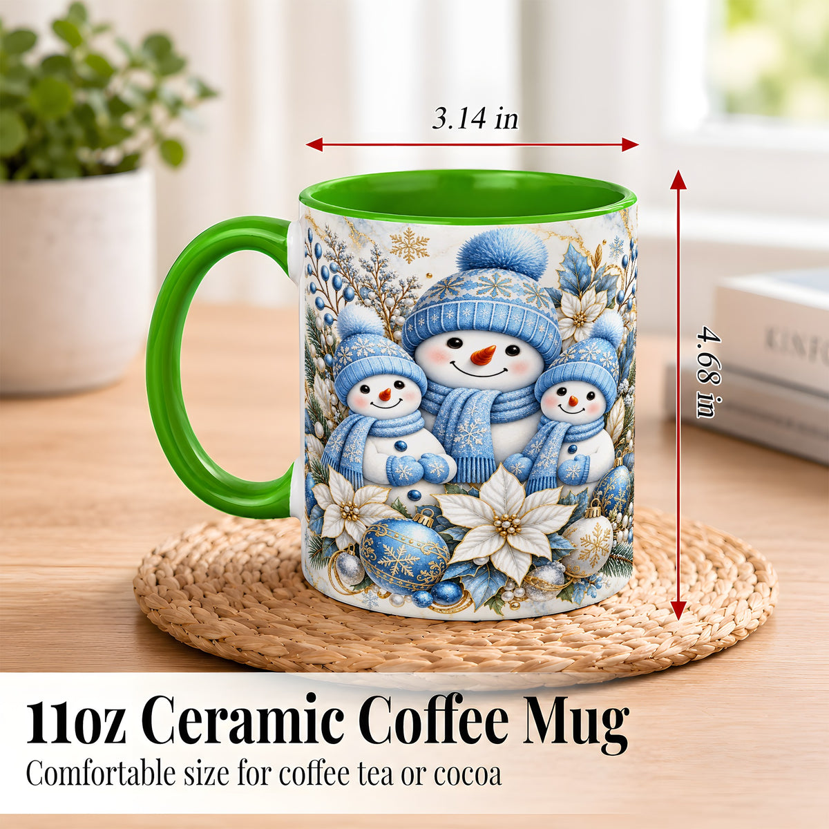 #pl[11oz|Green] Snowman Family Coffee Mug, Blue Gold Winter Snowman Mug, Ceramic Cup