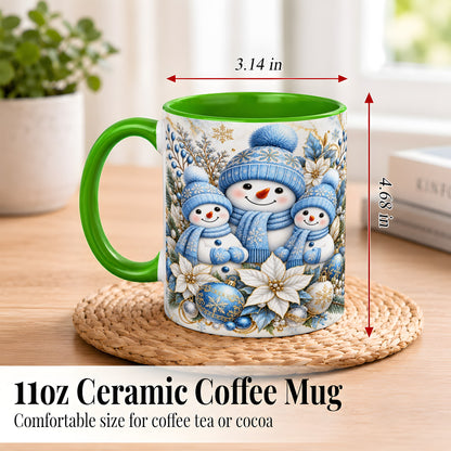 #pl[11oz|Green] Snowman Family Coffee Mug, Blue Gold Winter Snowman Mug, Ceramic Cup