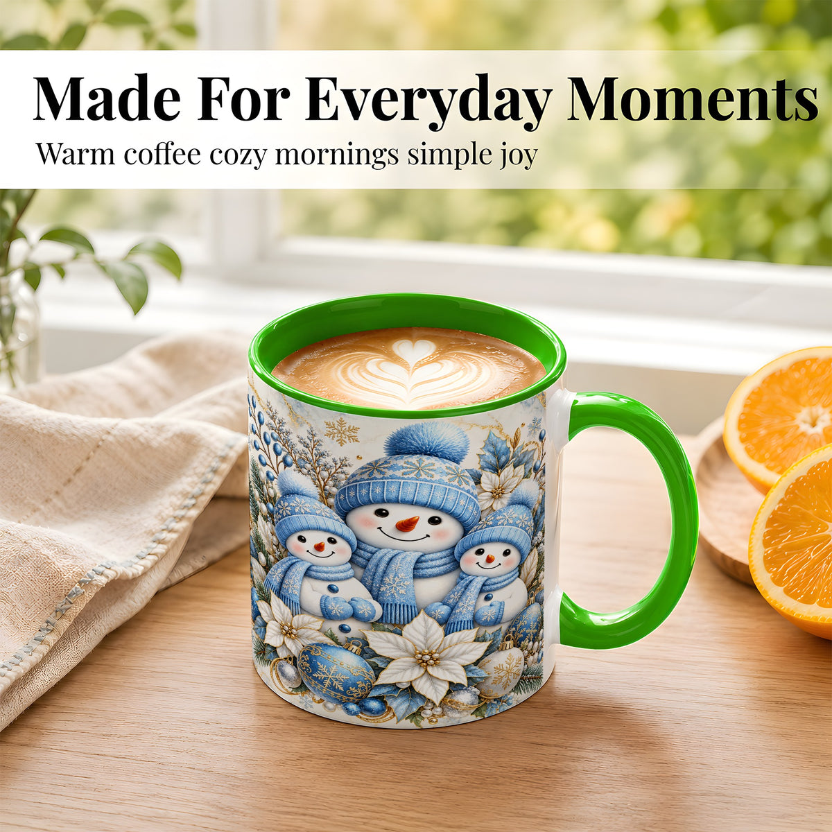 #pl[11oz|Green] Snowman Family Coffee Mug, Blue Gold Winter Snowman Mug, Ceramic Cup