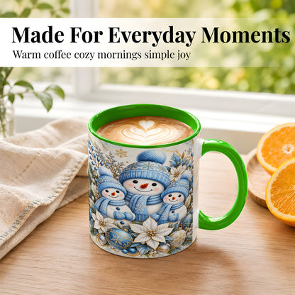 #pl[11oz|Green] Snowman Family Coffee Mug, Blue Gold Winter Snowman Mug, Ceramic Cup