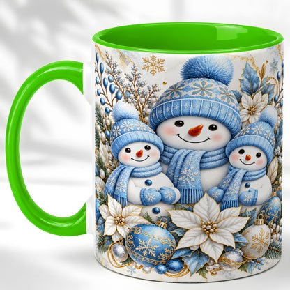 #pl[11oz|Green] Snowman Family Coffee Mug, Blue Gold Winter Snowman Mug, Ceramic Cup