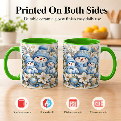 #pl[11oz|Green] Snowman Family Coffee Mug, Blue Gold Winter Snowman Mug, Ceramic Cup